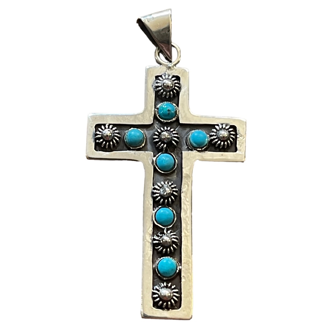 Vintage Mexico Primitive Turquoise Southwestern Sterling 925 Cross Pendant